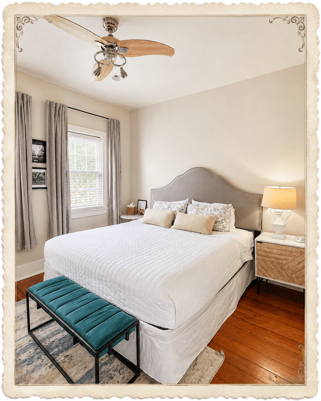Master bedroom — king bed, gray tufted headboard, teal velvet bench, ceiling fan