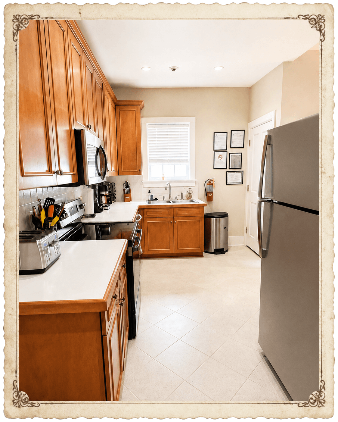 Full kitchen with stainless fridge, stove, dishwasher, coffee maker
